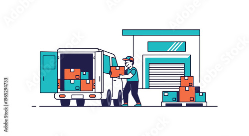 Flat style vector illustration of warehouse worker move package to delivery van, order preparation and logistics fulfillment concept in clean modern style