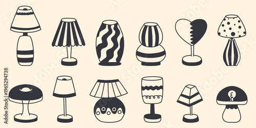 Set of table lamps in doodle sketch style. Collection of various modern and retro lamps with patterned lampshades. Hand drawn ink design elements, vector graphics