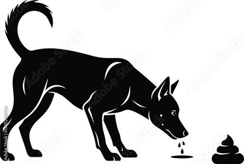 Dog silhouette illustration, humorous figure sniffing ground with feces pile, curious animal behavior theme, vector art, black isolated bold design for wildlife and pet concepts