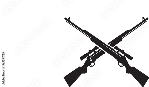 Crossed rifles and shotgun, hunting guns, black silhouettes, weapons icons, vector graphics