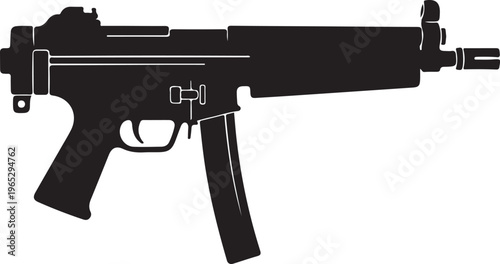 Black assault rifle, gun silhouette, vector firearm, military weapon icon