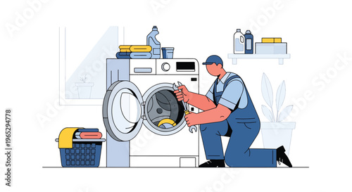 Flat style vector illustration of technician repairing washing machine in laundry room, home appliance service and maintenance concept in clean modern vector style