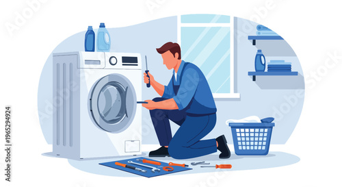 Flat style vector illustration of technician repairing washing machine in laundry room, home appliance service and maintenance concept in clean modern vector style
