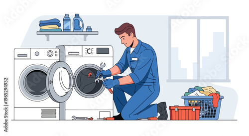 Flat style vector illustration of technician repairing washing machine in laundry room, home appliance service and maintenance concept in clean modern vector style