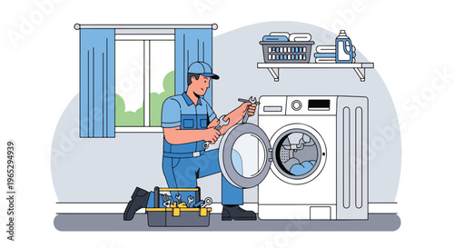 Flat style vector illustration of technician repairing washing machine in laundry room, home appliance service and maintenance concept in clean modern vector style