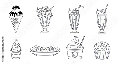 Hand-drawn Fast Food and Desserts Set: Ice Cream, Hot Dog, Milkshake, Donut