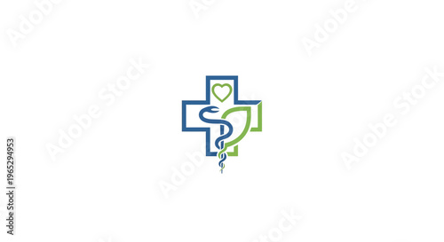 Medical Cross Symbol with Heart and Leaf Design.