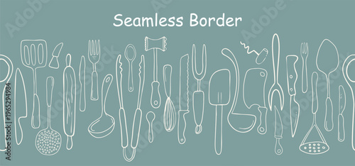 Seamless border repeatable pattern white line art kitchen tools, cooking essentials, cookware, tableware pots, pans, spatulas, knives on black background for food packaging, menus and recipe design.