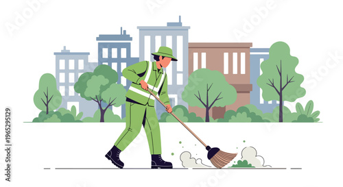 Flat style vector illustration of street cleaner sweeping sidewalk in urban city environment, public maintenance and sanitation service concept in clean minimal style