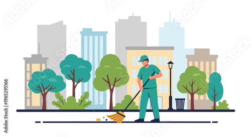 Flat style vector illustration of street cleaner sweeping sidewalk in urban city environment, public maintenance and sanitation service concept in clean minimal style