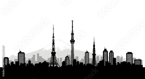Tokyo skyline silhouette with Mt. Fuji and iconic towers, Japan city landmark
