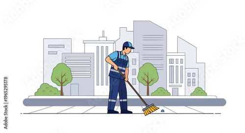 Flat style vector illustration of street cleaner sweeping sidewalk in urban city environment, public maintenance and sanitation service concept in clean minimal style