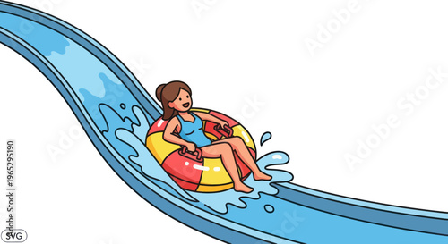 Woman riding inflatable ring down water slide, summer fun at waterpark