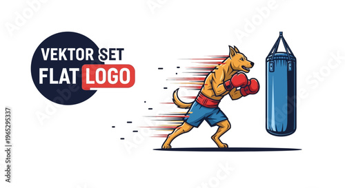 Anthropomorphic dog boxer training with punching bag.