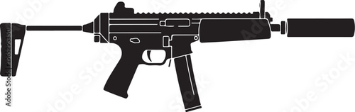 Black assault rifle, modern firearm, vector illustration, gun silhouette, weapon design