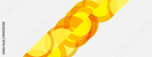 Abstract yellow circles overlap creating flowing ribbon effect. Simple design, clean background. Modern graphic element.