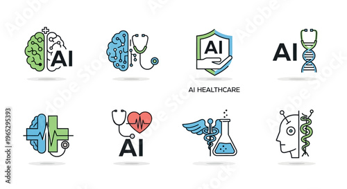 Artificial Intelligence in Healthcare and Science Icons Collection.