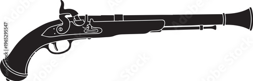 Vintage pistol, antique firearm, black illustration, historical weapon, vector graphics