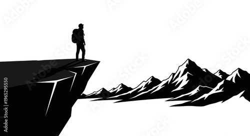 Man standing on mountain cliff edge.