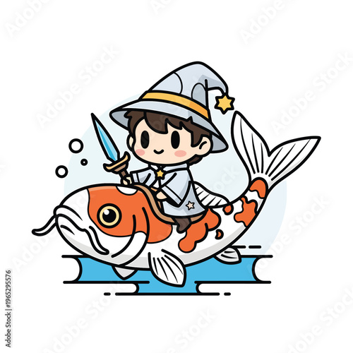 A cute cartoon wizard, wearing a pointy hat and robe, rides a colorful koi fish, holding a sword. Bubbles float in the background
