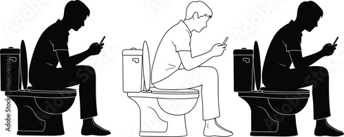 Toilet silhouette illustration collection, seated figures using smartphones in side view with visible tanks and upright seats, modern lifestyle humor theme, vector art, black isolated bold design