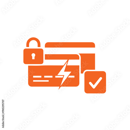 Orange symbols illustrate rapid and protected financial dealings involving stacked bank cards and a verification mark.