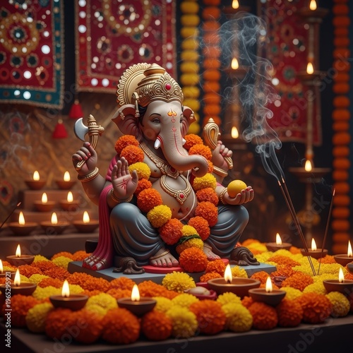 Lord Ganesha with Marigold Flowers and Diya Lamps for Traditional Festival Celebration Design