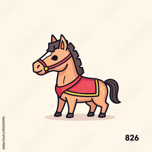 A cartoon-style illustration of a horse, drawn in a vector format. It has a red saddle blanket and is set against a light background