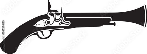 Vintage pistol, antique firearm, black and white illustration, historical weapon, vector graphic