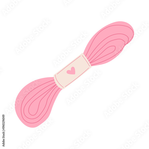 Pink embroidery thread skein with heart symbol. Decorative mouline floss for handmade sewing projects. Concept of hand sewing and embroidery. Clipart needlework, creative hobby, isolated on background