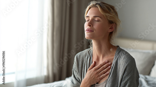 Young woman practicing mindful breathing with hand on chest in soft natural light. Concept of mental health, stress relief, wellness, and emotional balance.