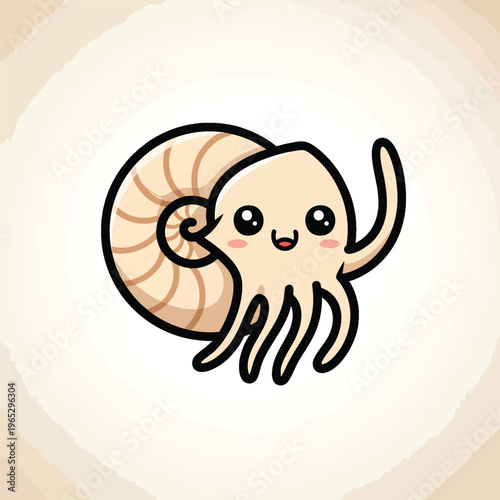 A charming cartoon nautilus with a friendly face, round shell, and cute tentacles, on a textured off-white background