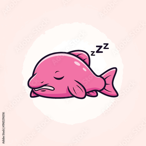 A cute, cartoonish pink fish is sound asleep. Zzz's drift from it as it rests within a soft pink, watercolor-like circle