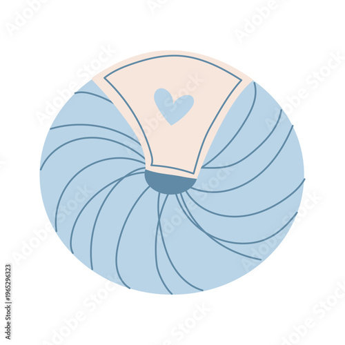 Blue round skein of embroidery threads with heart-shaped label. Quilting.Cotton threads for cross stitch and needlework. Concept of hand sewing and embroidery. Clipart of needlework, creative hobby