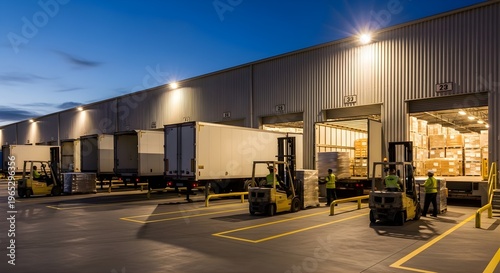 Nighttime Warehouse Loading Dock with Trucks and Forklifts