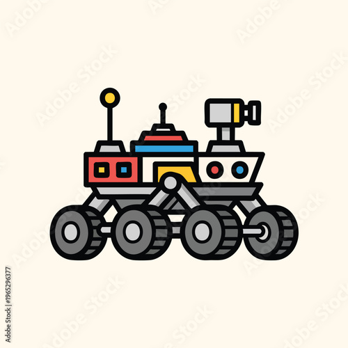 A colorful cartoon illustration of a space rover with multiple wheels and antennas, designed with geometric shapes and thick outlines