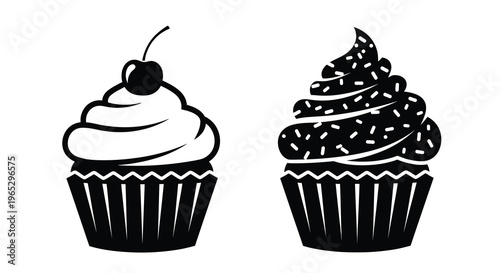 Two detailed cupcakes with cherry toppings presented as a silhouette