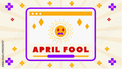 Digital prank screen glitch vector illustration with april fool message and laughing emoji on a colorful background
