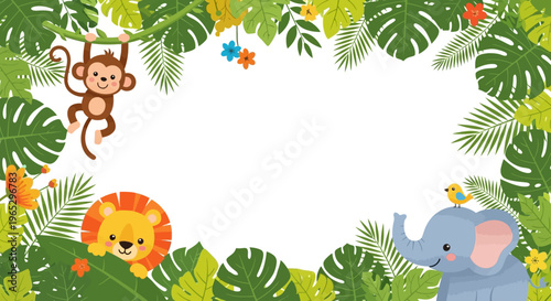 Monkey hanging from green leaves jungle.