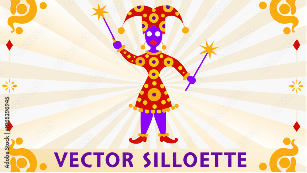 Fototapeta premium Jester puppet performs with colorful wands vector silhouette illustration for design and decoration with playfulness and entertainment