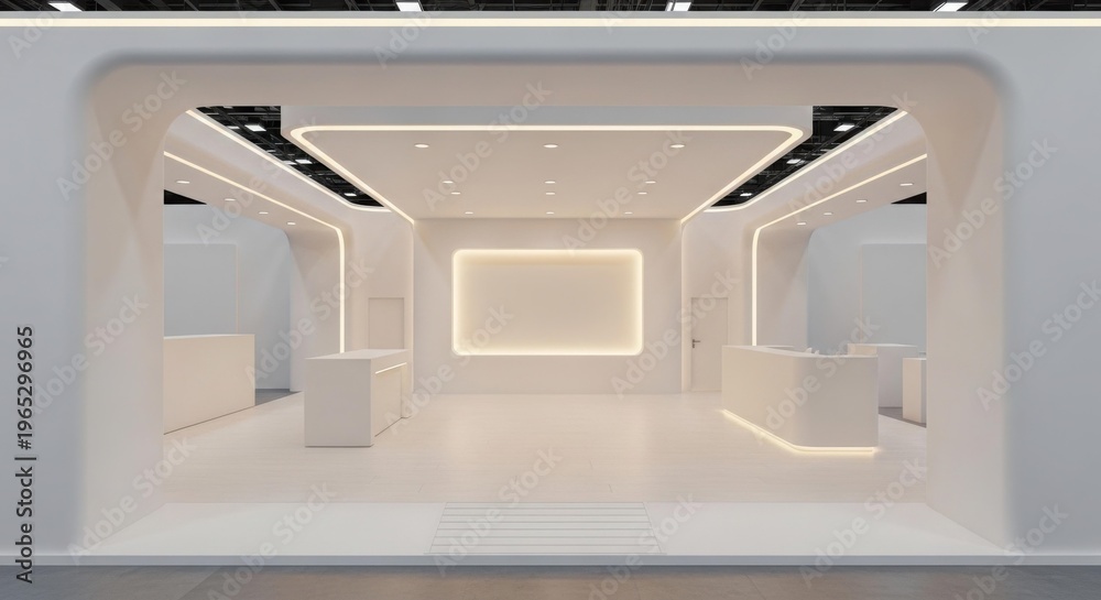 Fototapeta premium Modern minimalist white interior design of an empty exhibition booth or showroom with illuminated details.