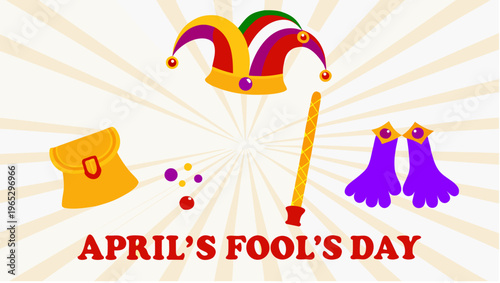 Jester's kit on a table with colorful props and text 'april's fool's day' in a vector top down view