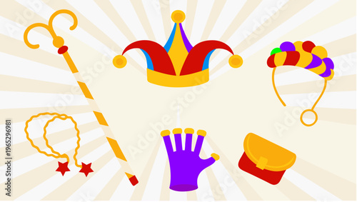 Jester's kit splayed on a table top in a vector top down view including crown scepter glove and accessories in vibrant colors