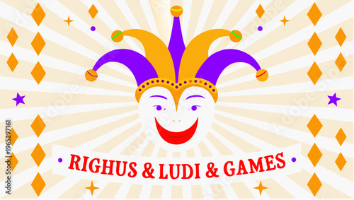 Vintage jester crest with purple and gold jester's hat smiling face and decorative background for games and entertainment