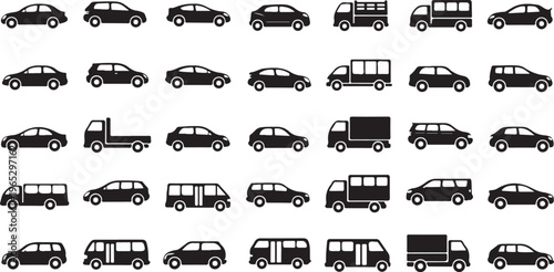 Vehicle icons, car silhouettes, transportation symbols, fleet illustrations isolated on Transparent Background