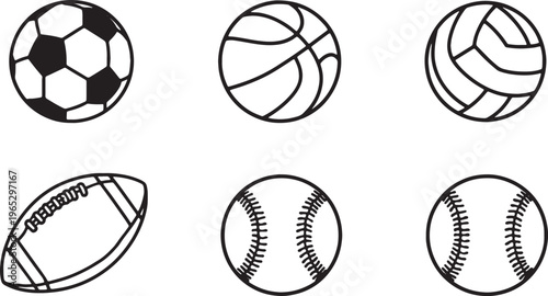 Sports balls icons, athletic balls, vector set, soccer, basketball, volleyball, football, baseball