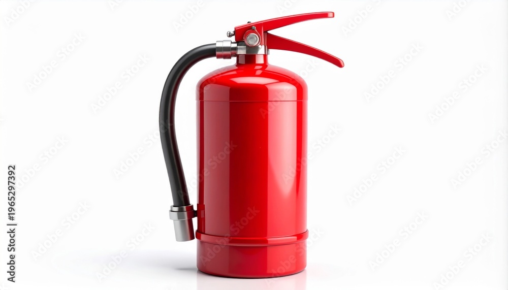 Obraz premium Red Fire Extinguisher With Black Hose And Silver Nozzle On White Background
