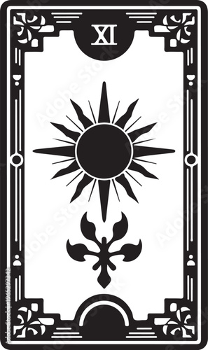 Tarot card, sun symbol, black and white illustration, vector graphic, mystic design, fortune telling, XI