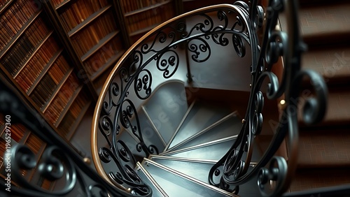 telex. Close-up of an ornate wrought-iron spiral staircase in an old library, leading upwards with soft light. real-estate listings.