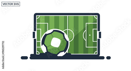 Digital Soccer Field on Laptop Screen, Football Game Online Concept